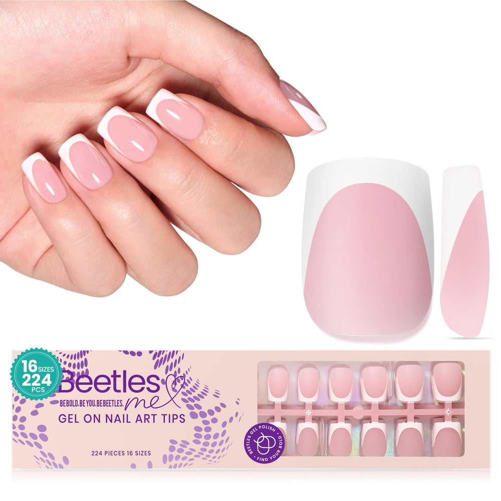 Beetles X Press Plus Uñas Frances Camellia Pink Short Squoval para manicura rápida y elegante.