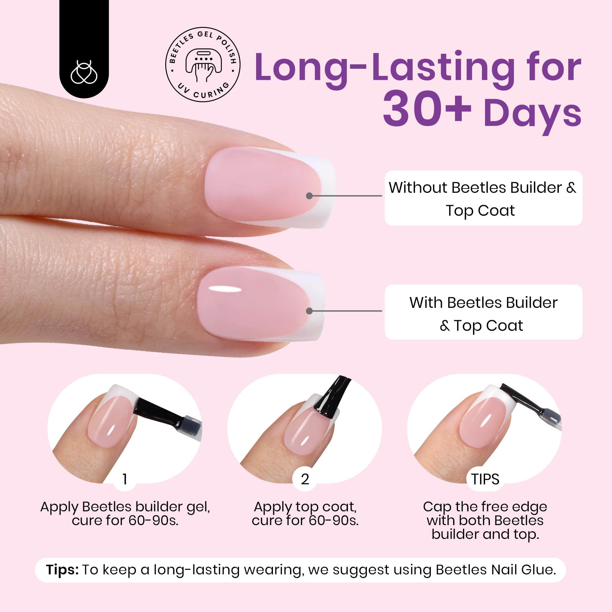 Beetles X Press Plus Uñas Frances Camellia 16 tallas para ajuste perfecto.