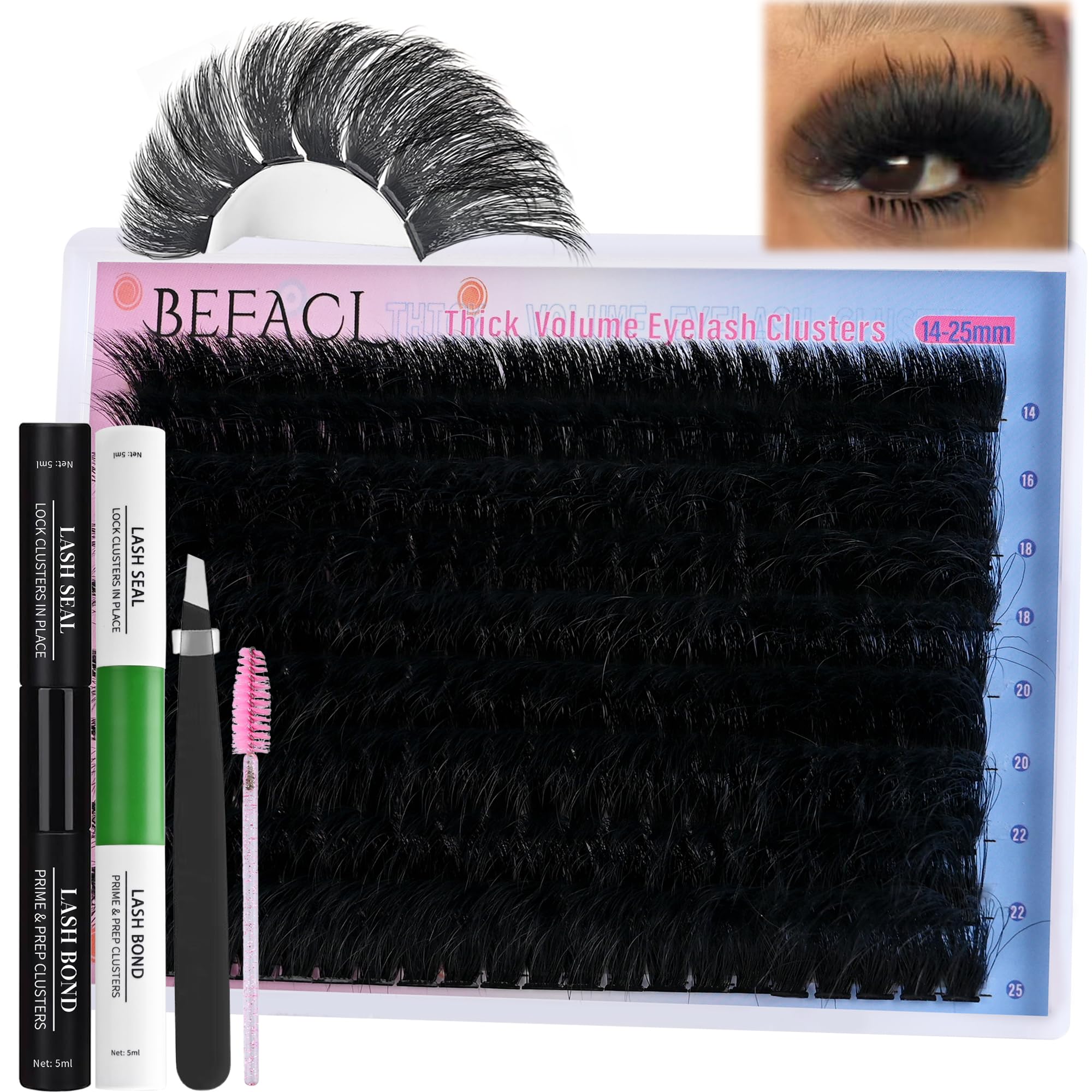 BEFACL kit clusters pestañas 280D 14-25mm para un look de volumen personalizado y fácil.