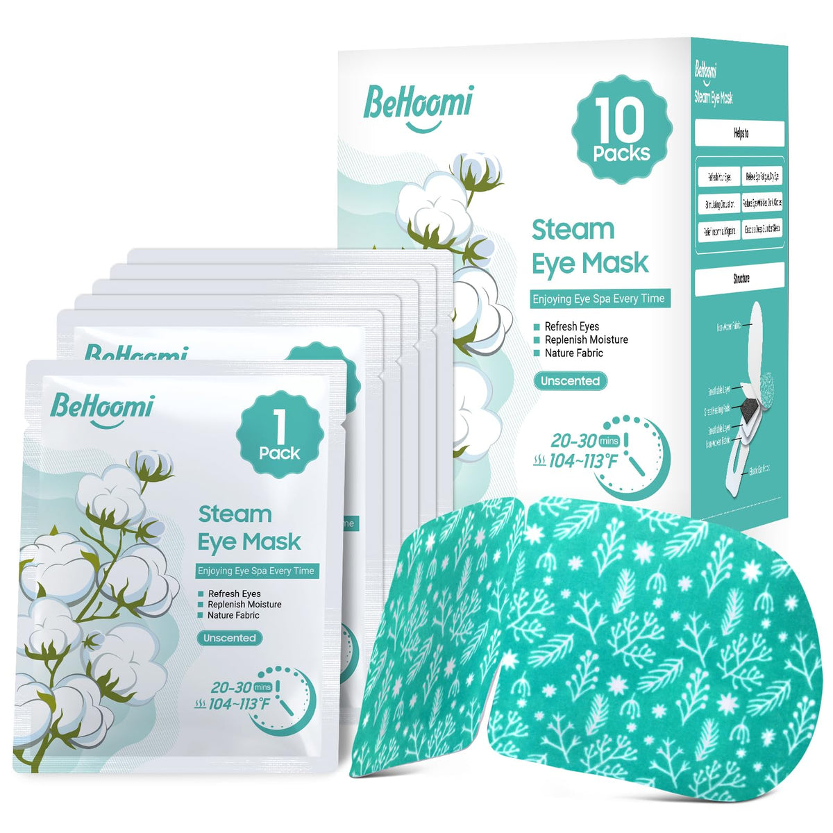 BeHoomi mascarilla ocular caliente, uso rápido para refrescar ojos cansados.