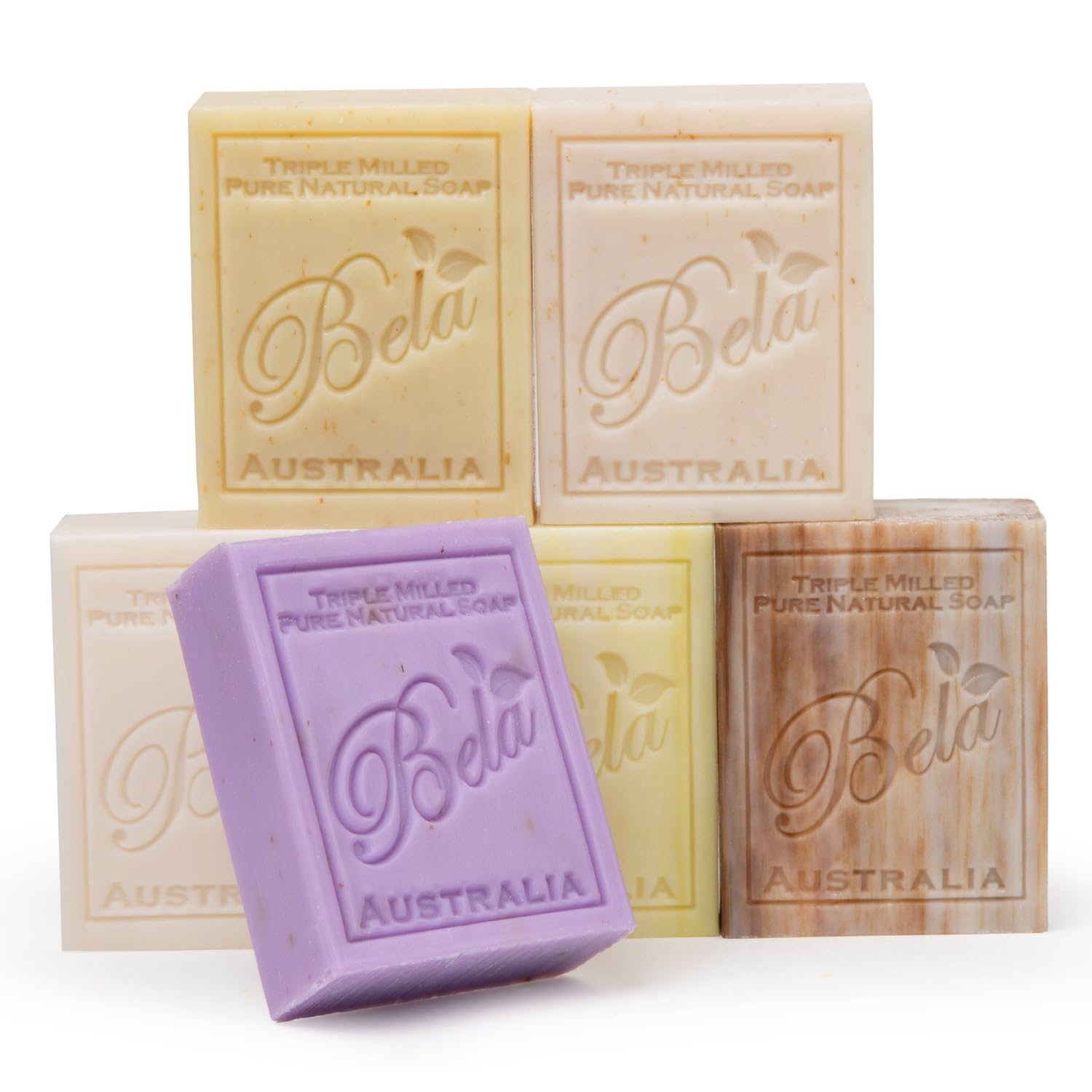 BELA triple milled soap variety pack: six bars for luxury hand, face, and body cleansing.