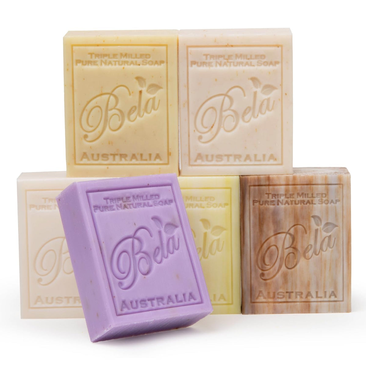 BELA triple milled soap variety pack: six bars for luxury hand, face, and body cleansing.