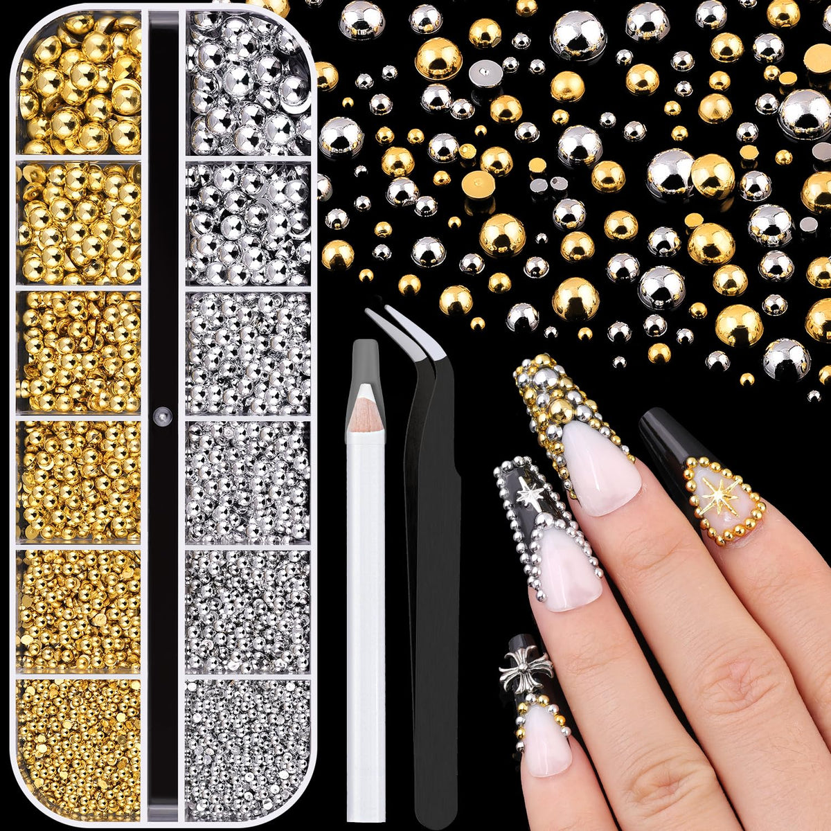 BELLEBOOST perlas semiredondas oro y plateado para uñas con brillo intenso.