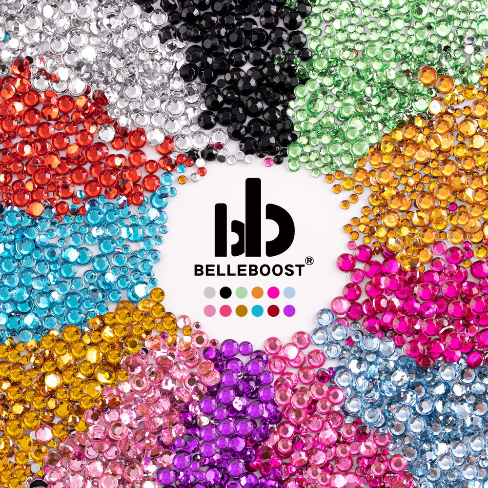 BELLEBOOST piedras planas AB y transparentes, seis tamaños para brillos variados.