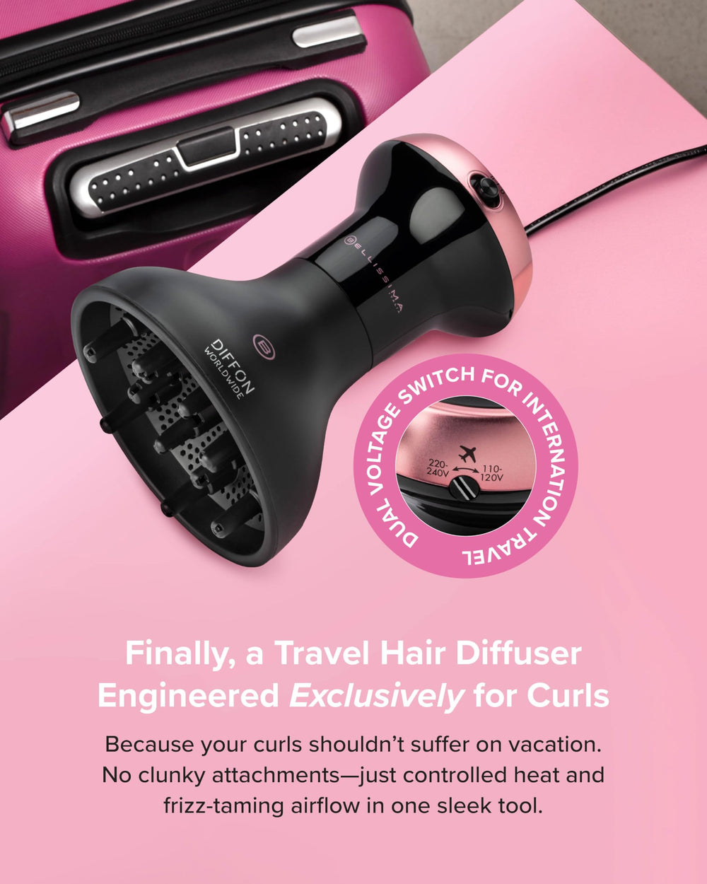 Bellissima Diffon difusor para cabello rizado, define rizos con brillo natural.