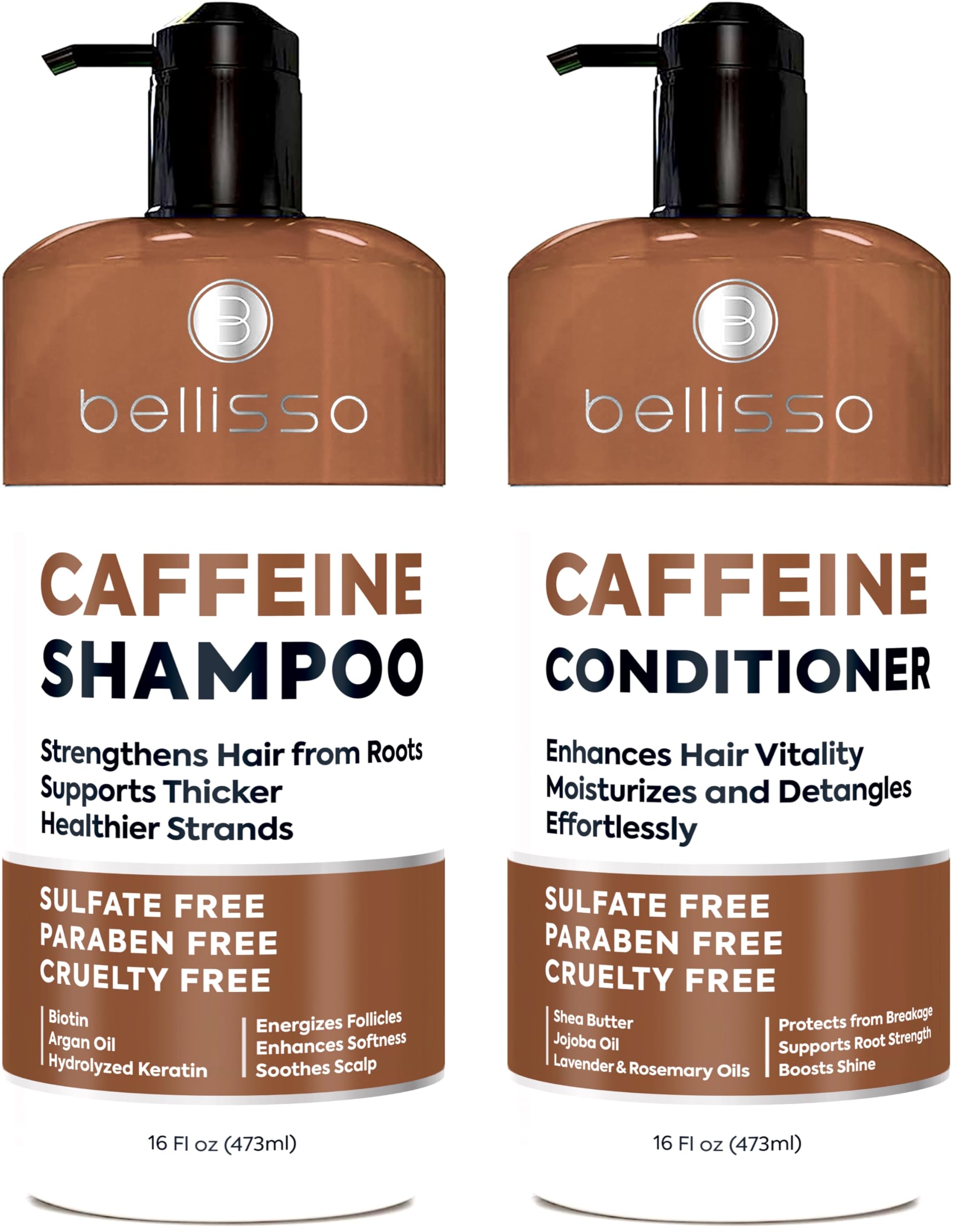 Bellisso caffeine shampoo bottle close-up for volumized, fuller-looking hair.