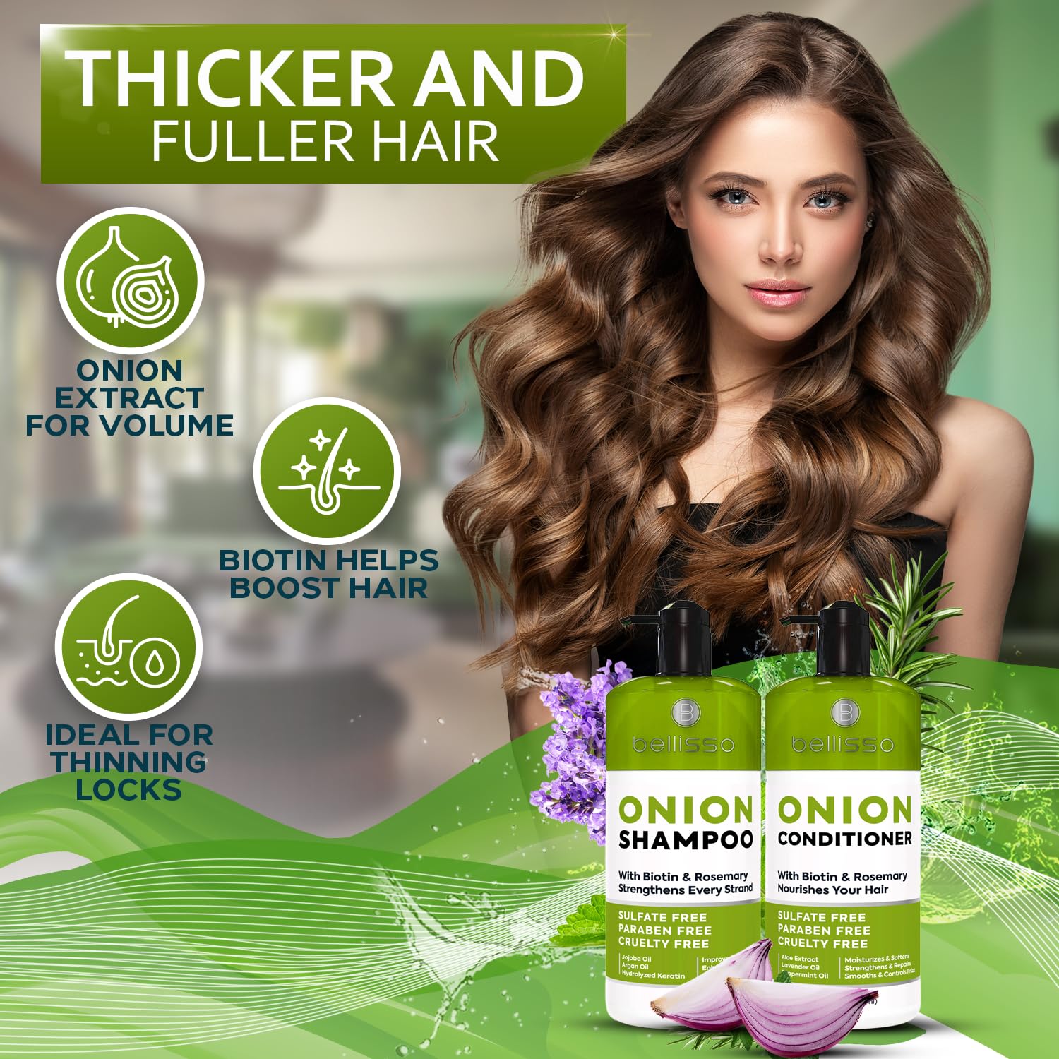 Bellisso Onion Rosemary Conditioner bottle demonstrates hydrating formula for smoother, fuller strands