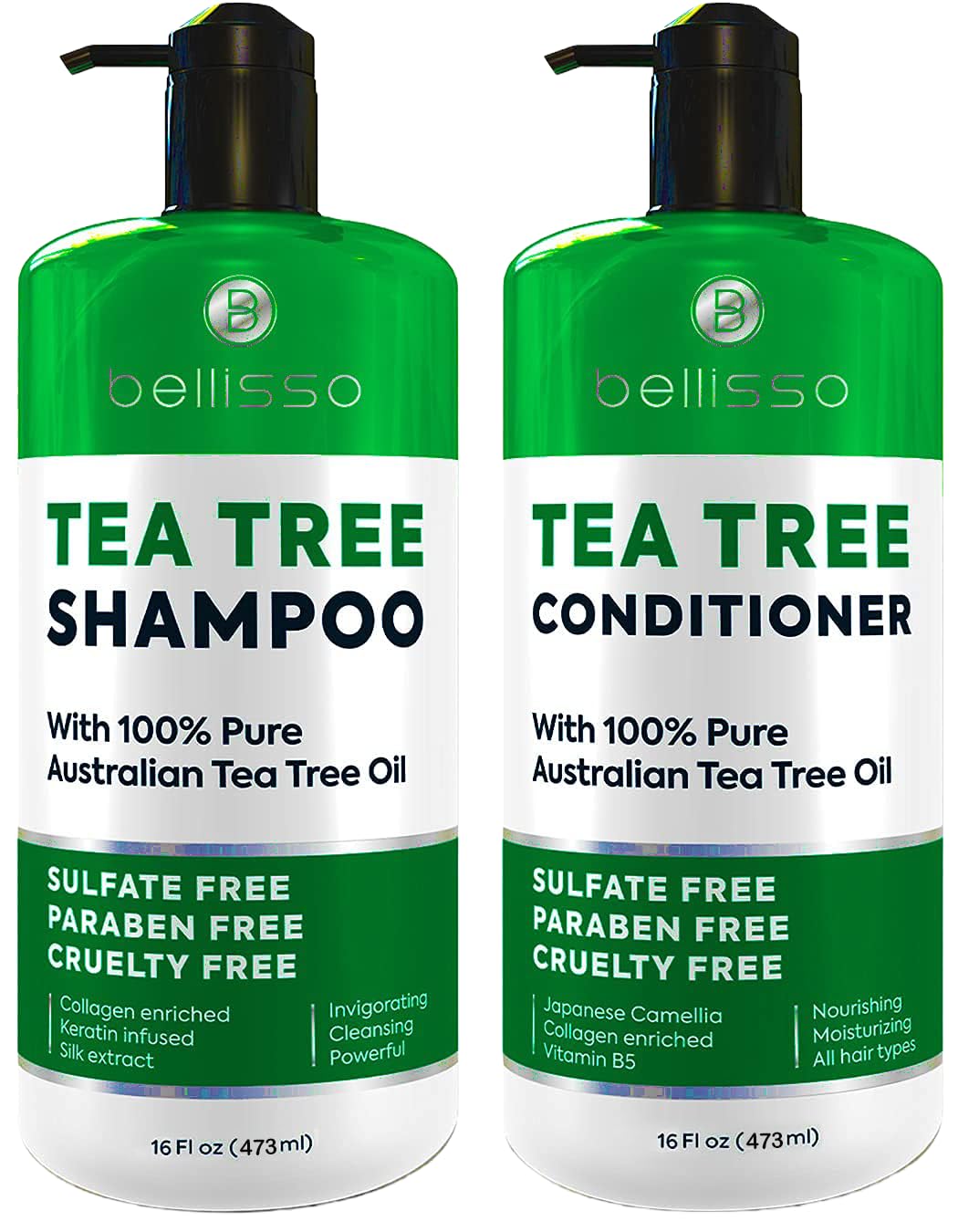 Bellisso Tea Tree Shampoo bottle offers soothing cleanse for irritated scalps.