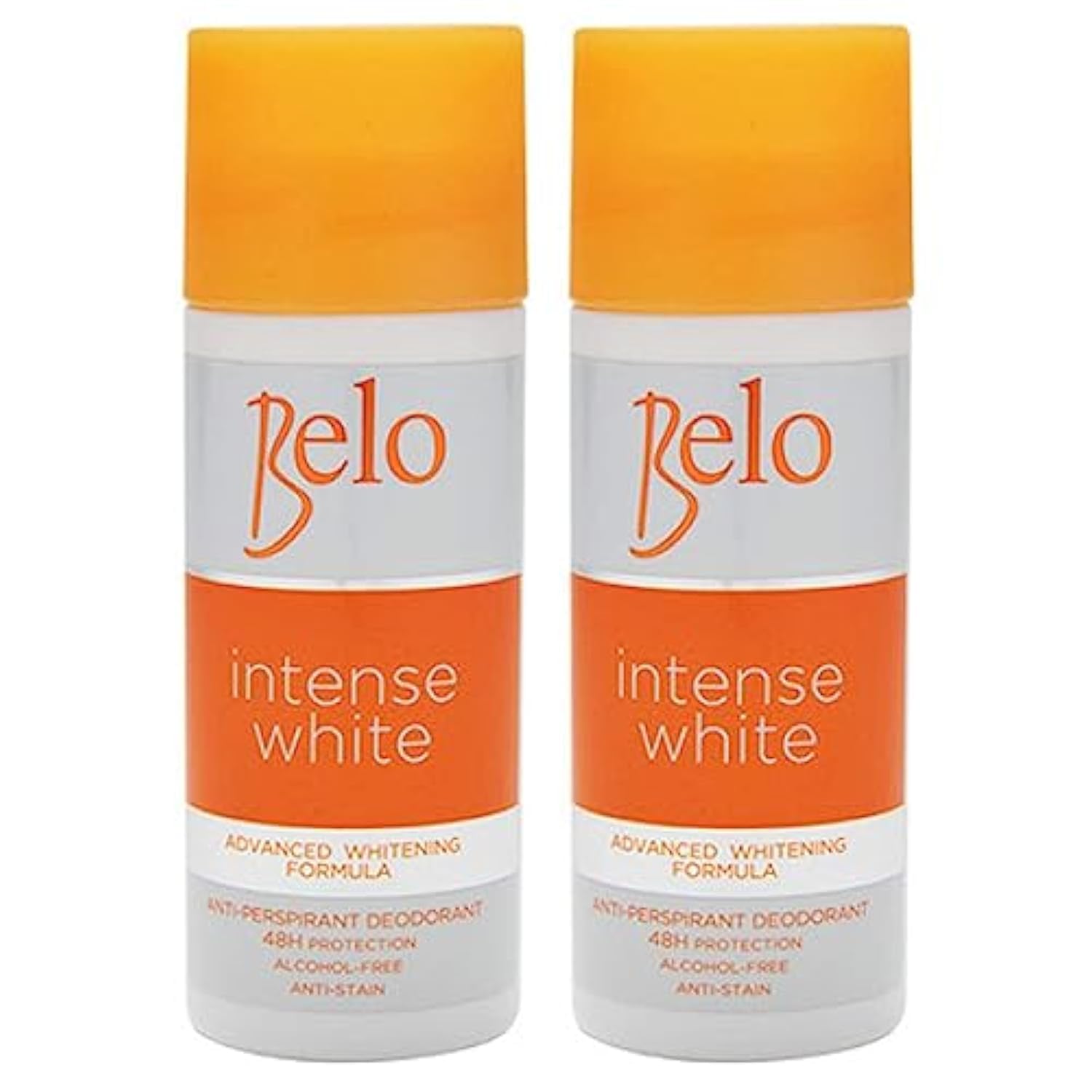 Belo Essentials Intense White deodorant packaging front view highlighting dual whitening action.