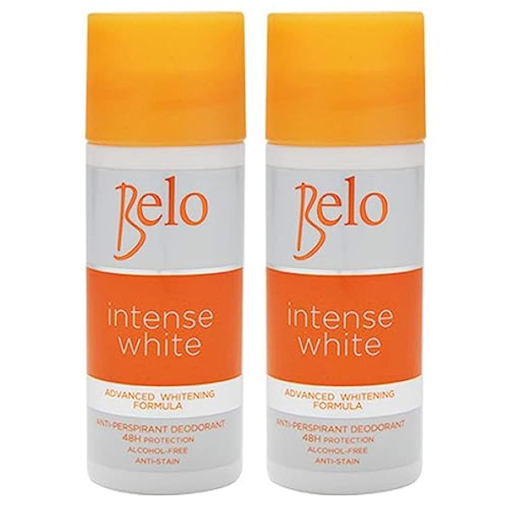 Belo Essentials Intense White deodorant packaging front view highlighting dual whitening action.