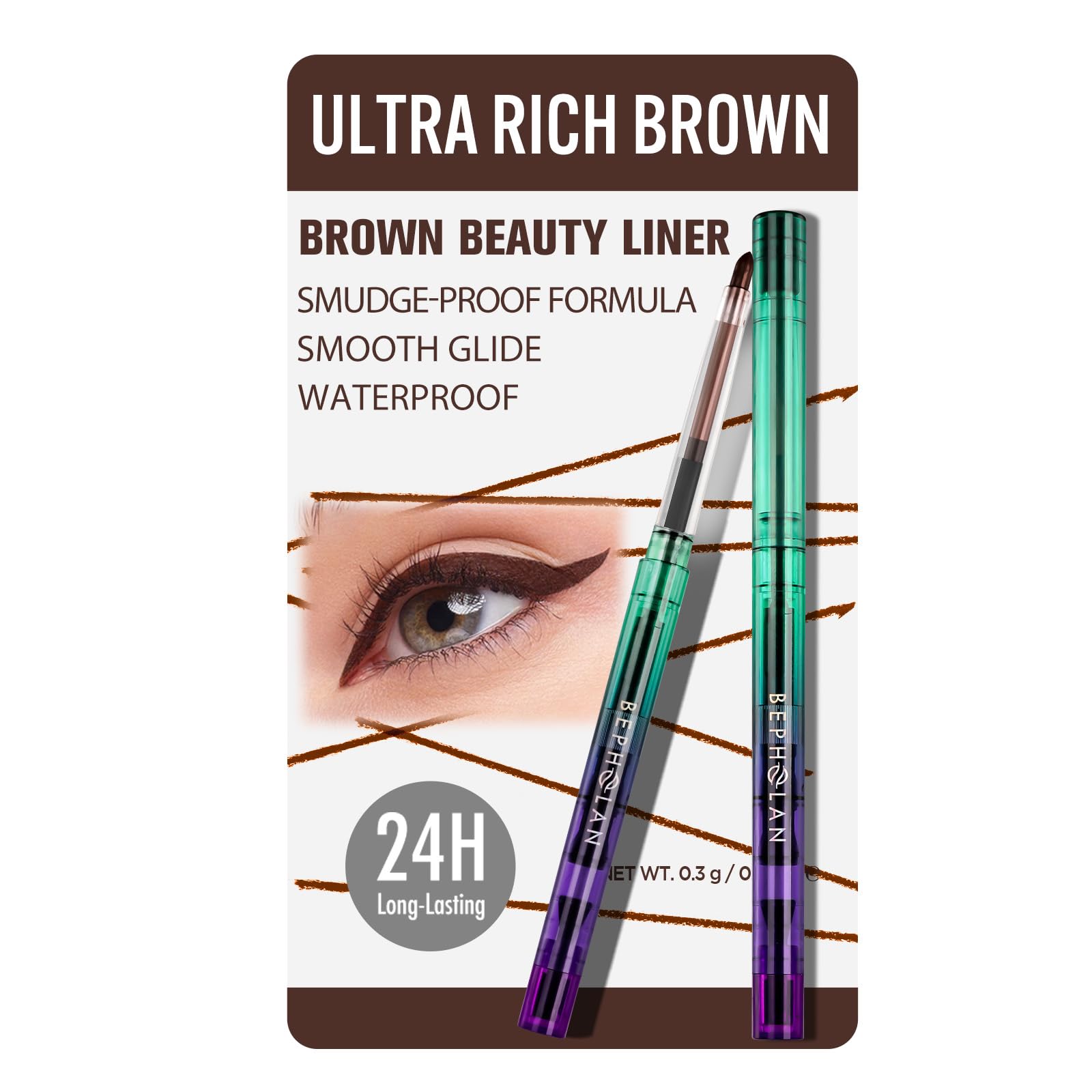 Bepholan delineador marron gel resistente al agua para un acabado definido y duradero.