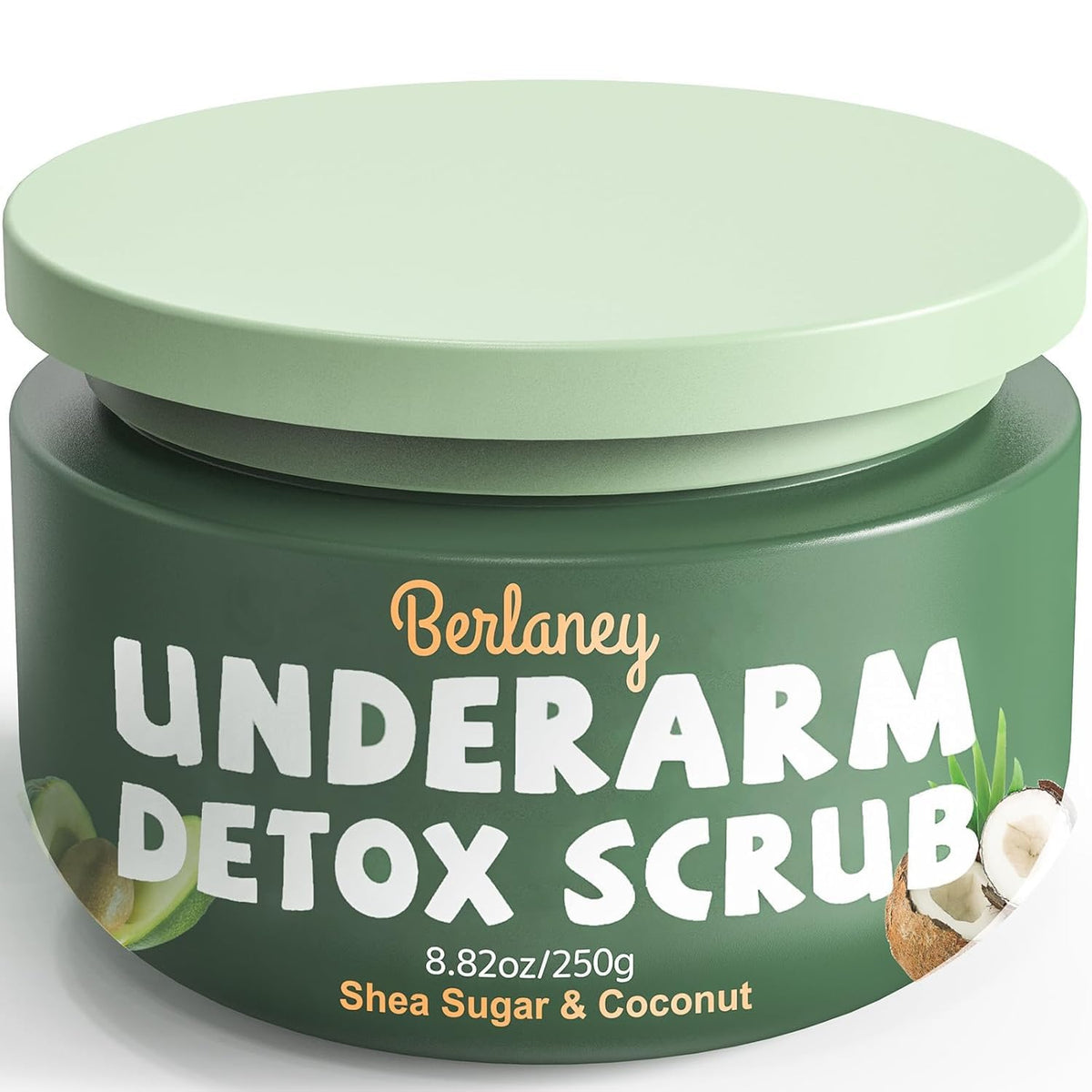 Berlaney armpit detox scrub jar highlights creamy exfoliant for refreshed skin.