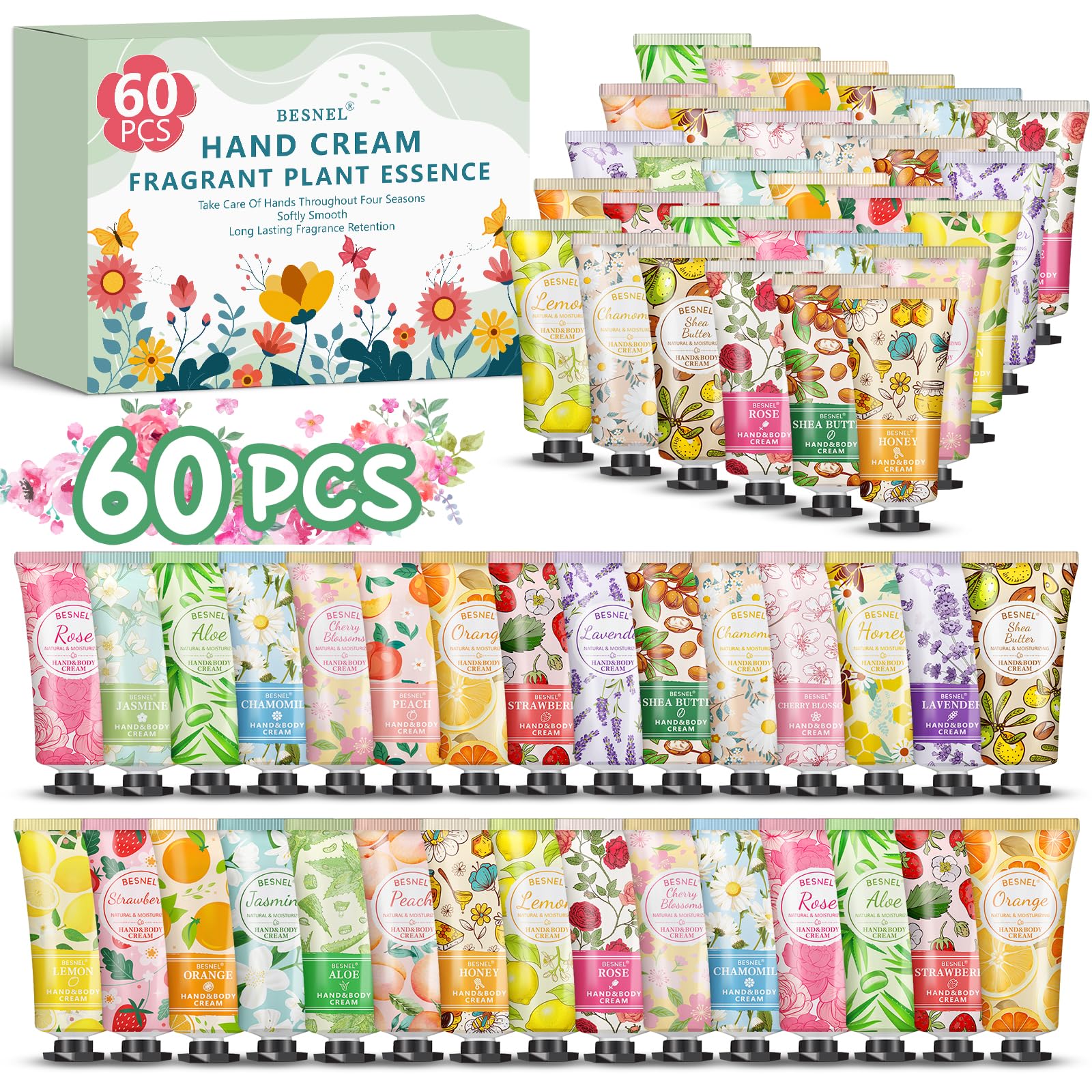 Besnel 60-pack hand cream gift set with varied fragrances for daily mood uplift