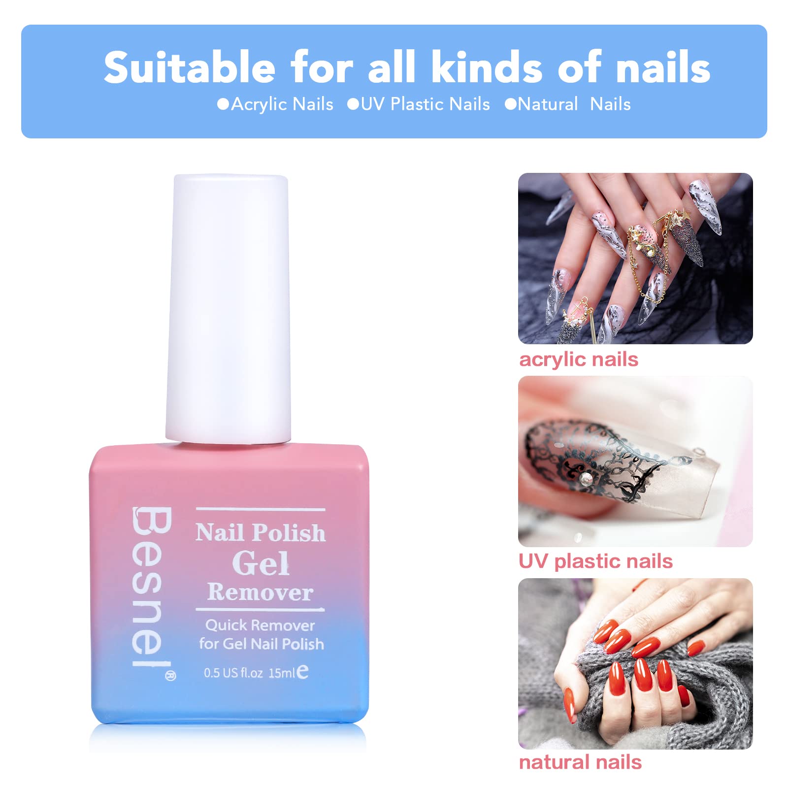 Botella BESNEL remover gel de 0,5 oz, aplicación sencilla.