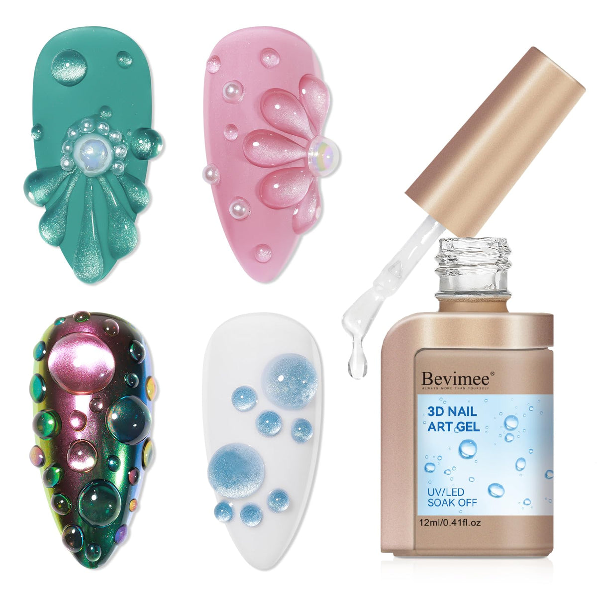 Bevimee Gel 3D efecto gota lluvia: añade un look tridimensional y suave brillo.
