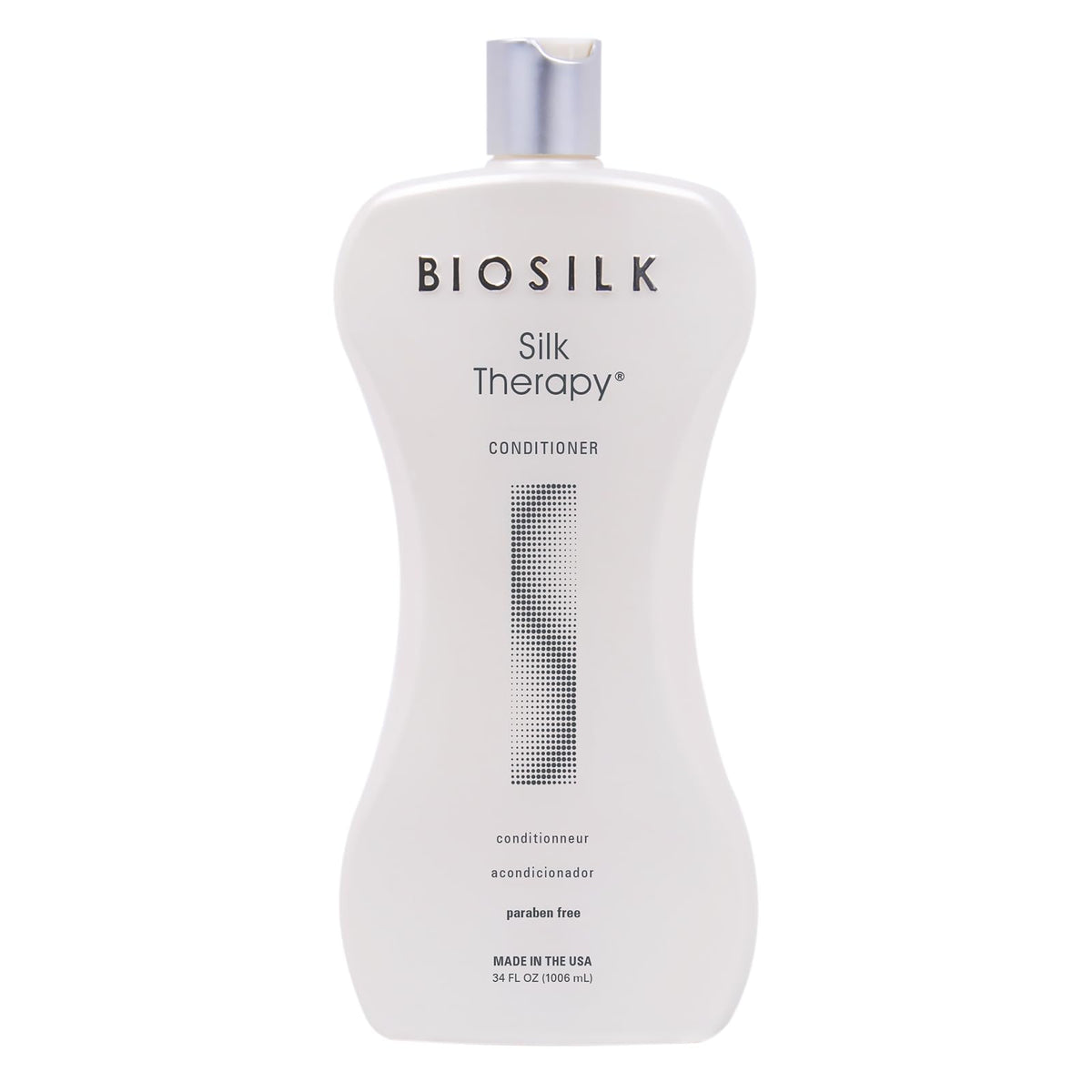 BioSilk Silk Therapy Après-Shampooing – bouteille montrant brillance et hydratation durable.