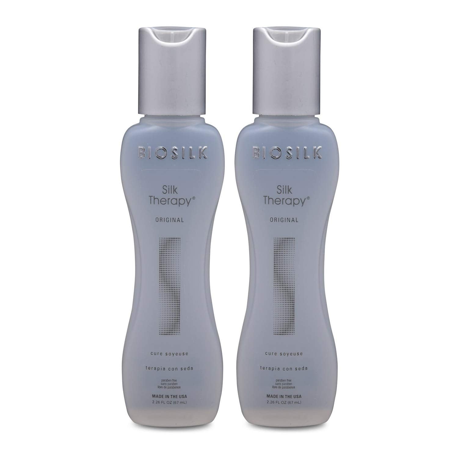 BioSilk Silk Therapy Cure, botella, cuidado sin enjuague para cabello suave y manejable.