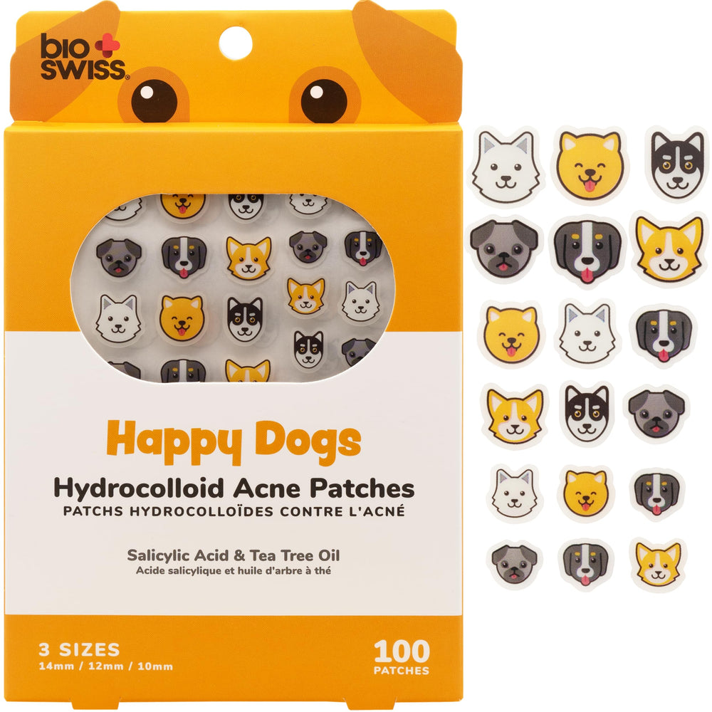 BioSwiss parche perro feliz para acné, estilo divertido que cubre imperfecciones.