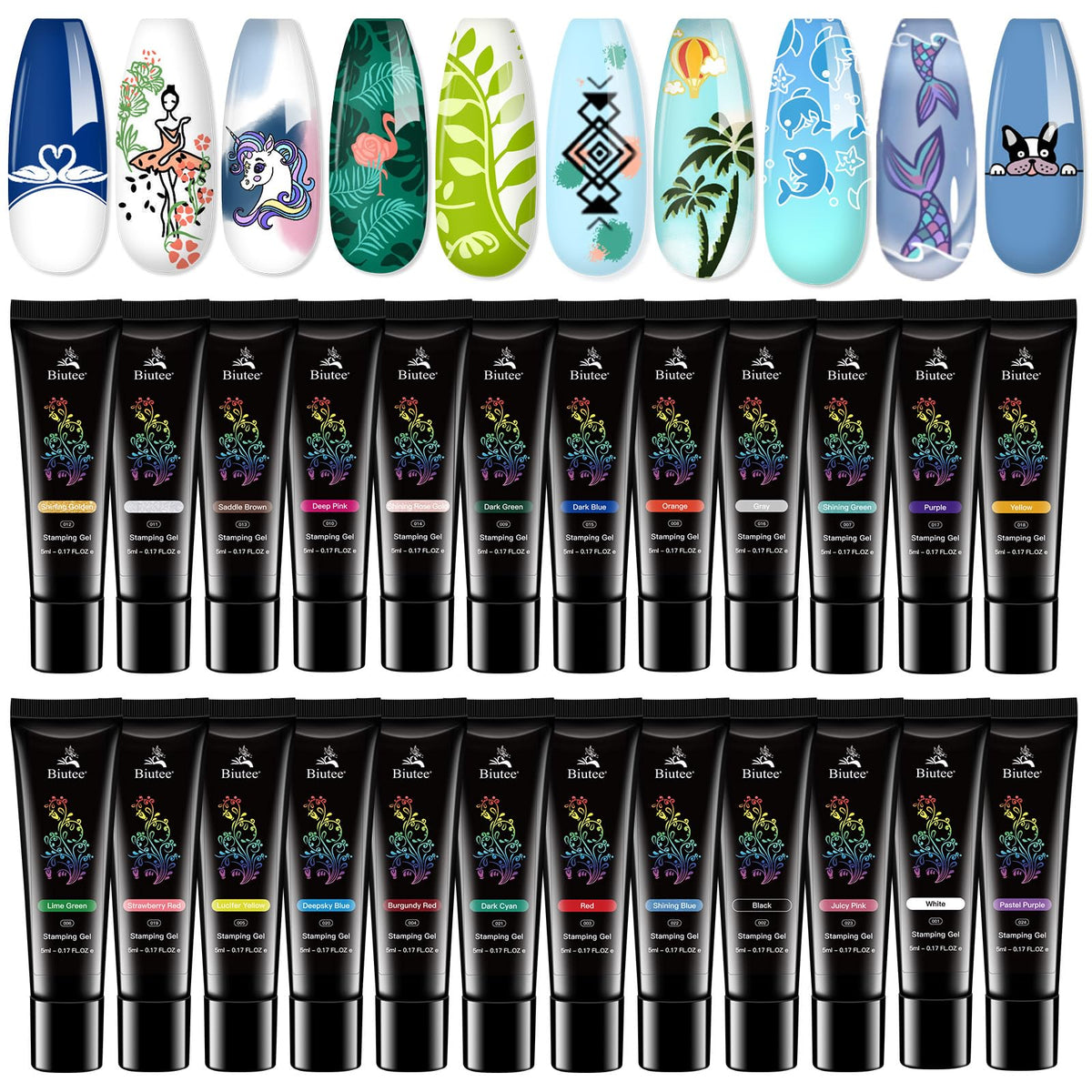 Biutee esmalte de stamping para uñas 24 colores, cobertura suave para diseños vibrantes.