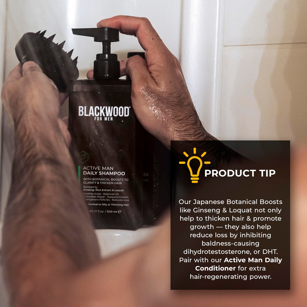 Blackwood For Men Active Man Daily Shampoo on shower shelf after workout for a refreshing cleanse.