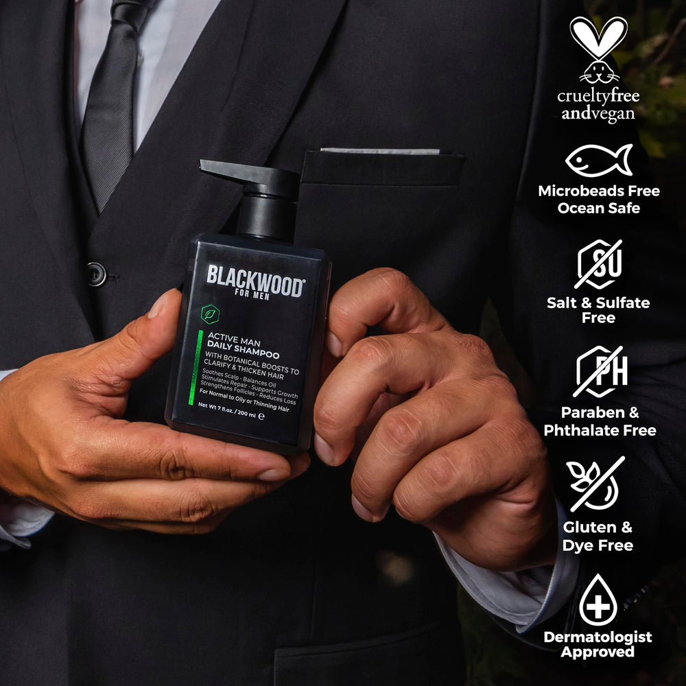 Blackwood For Men: aplicación en ducha tras entreno para limpieza profunda del cuero cabelludo.