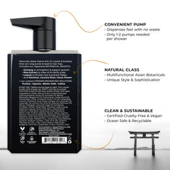 Blackwood For Men: etiqueta del producto con fórmula vegana y sin sulfatos destacada.
