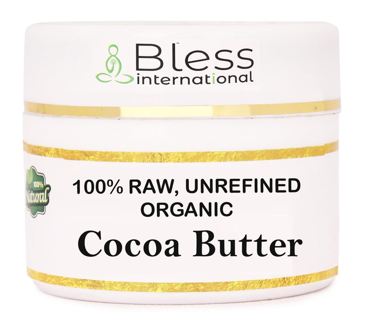 Bless International manteca de cacao cruda en envase, hidratación suave para la piel.