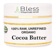 Bless International manteca de cacao cruda en envase, hidratación suave para la piel.
