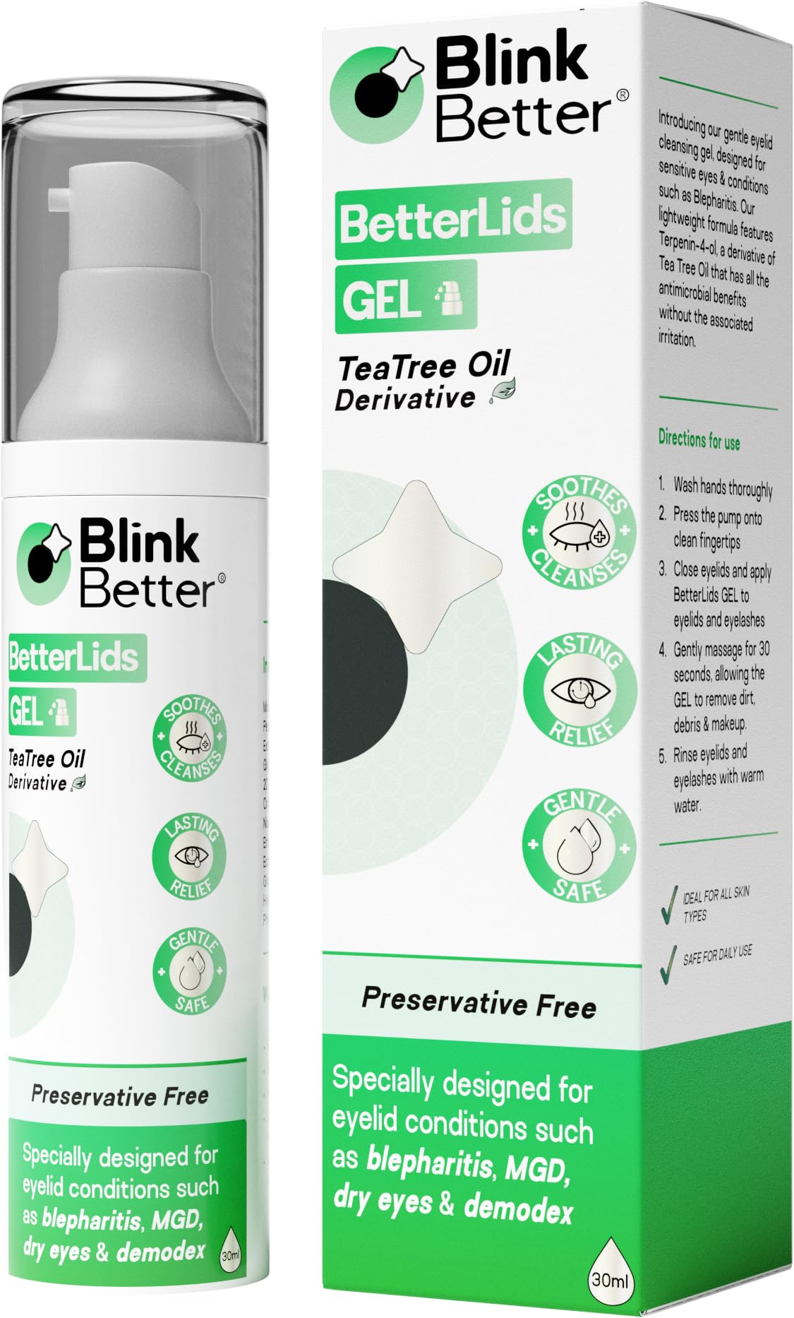 BlinkBetter BetterLids Gel en envase compacto para limpieza suave de párpados.