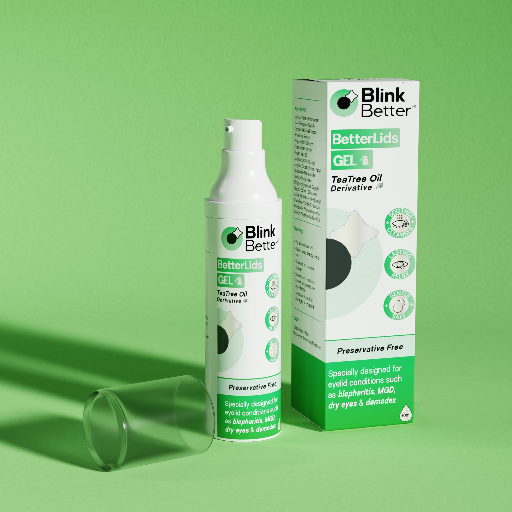 Uso diario de BetterLids Gel para párpados limpios y confortables al final del día.