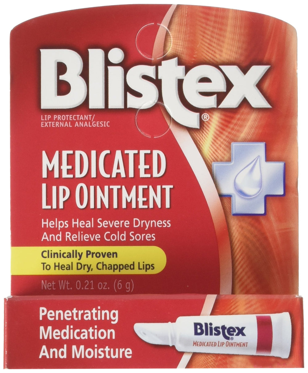 Labial medicado Blistex en embalaje de seis unidades para alivio práctico.