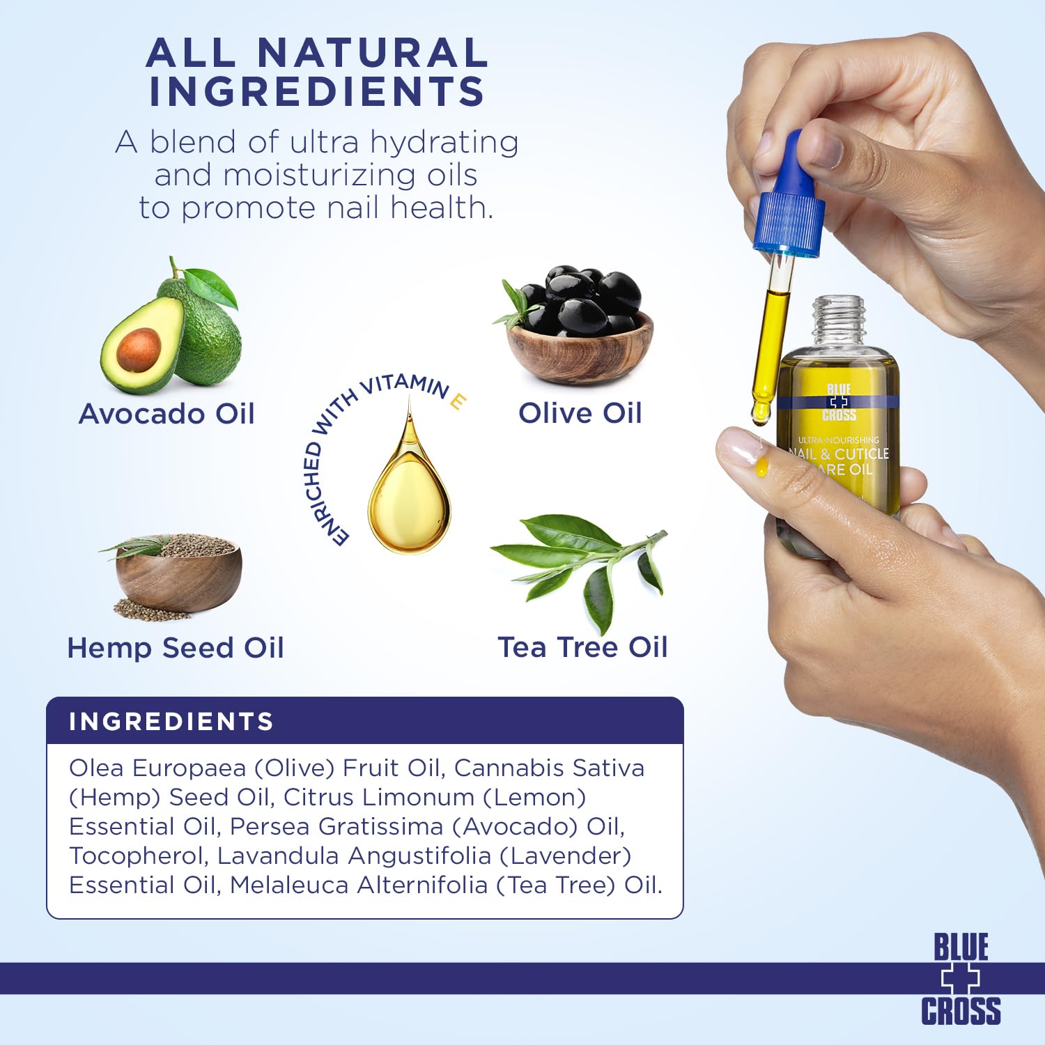 Blue Cross Nail & Cuticle Oil: etiqueta con aceites esenciales lemongrass y lavanda