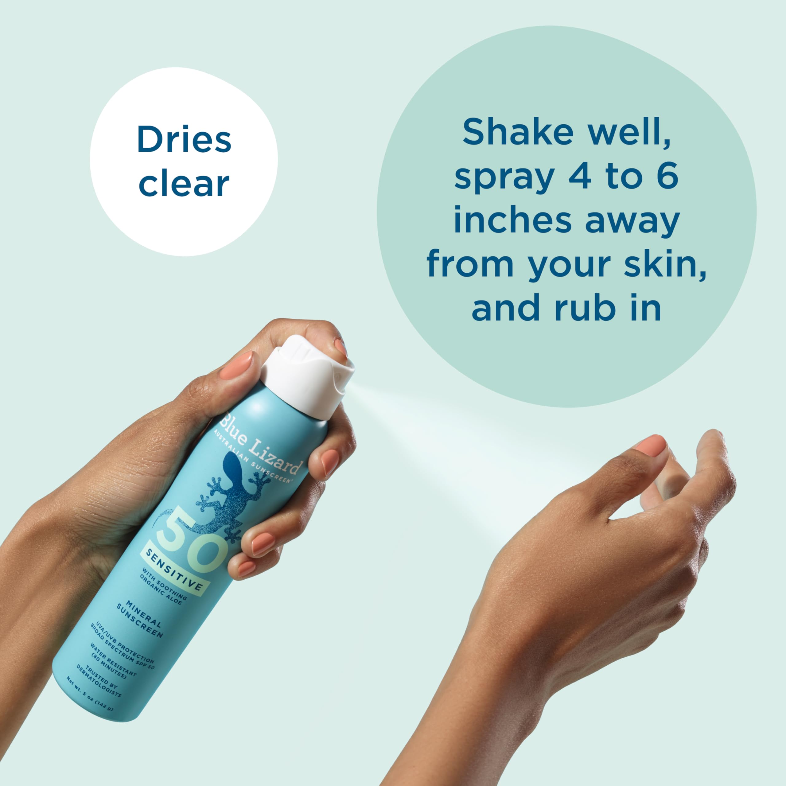 Blue Lizard Sensitive SPF 50 Spray, fórmula vegana sin parabenos.