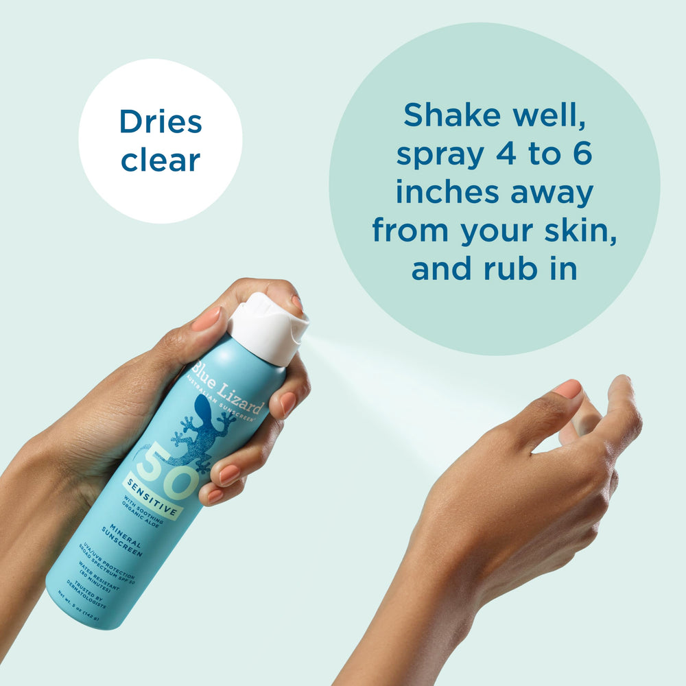 Blue Lizard Sensitive SPF 50 Spray, fórmula vegana sin parabenos.