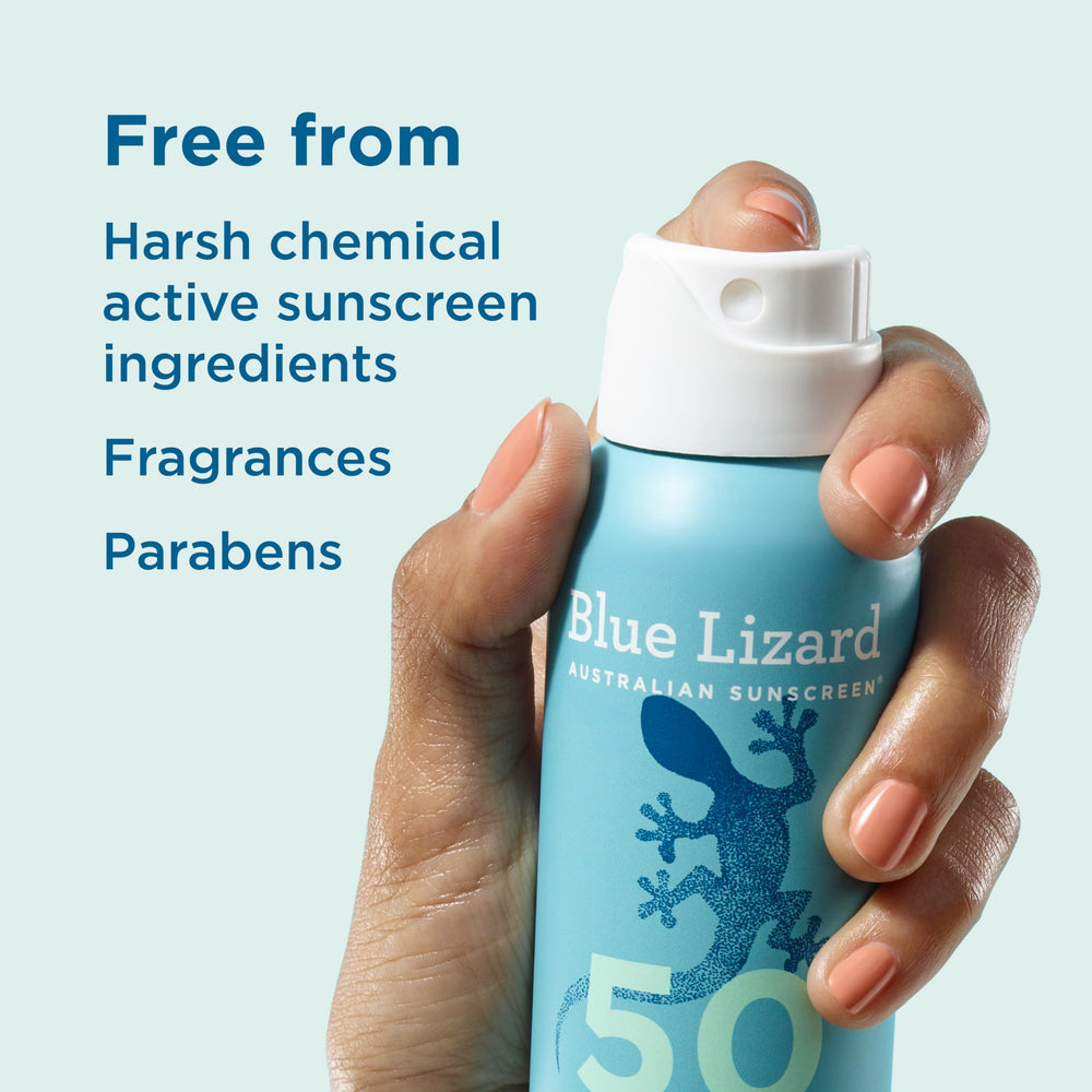 Blue Lizard Sensitive SPF 50 Spray, resiste al agua 80 minutos.