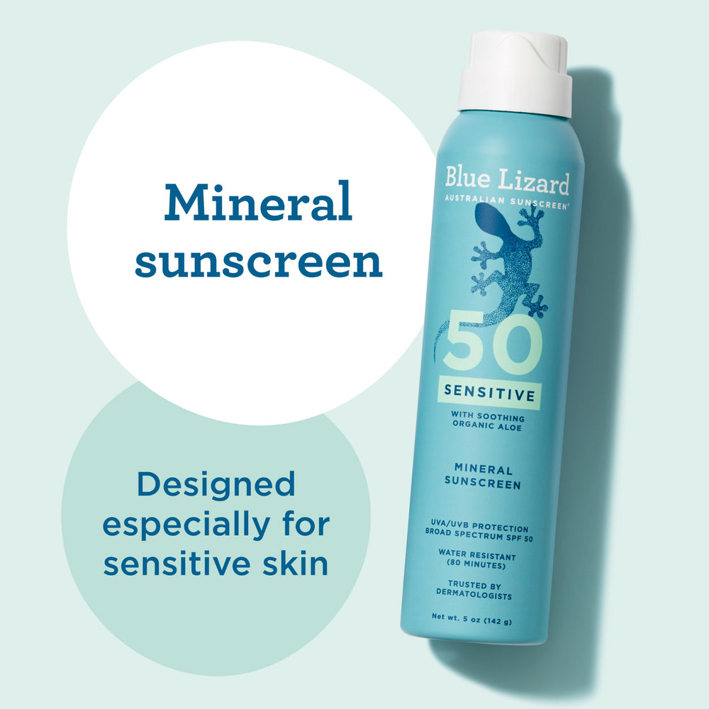 Blue Lizard Sensitive SPF 50 Spray, secado claro en piel.
