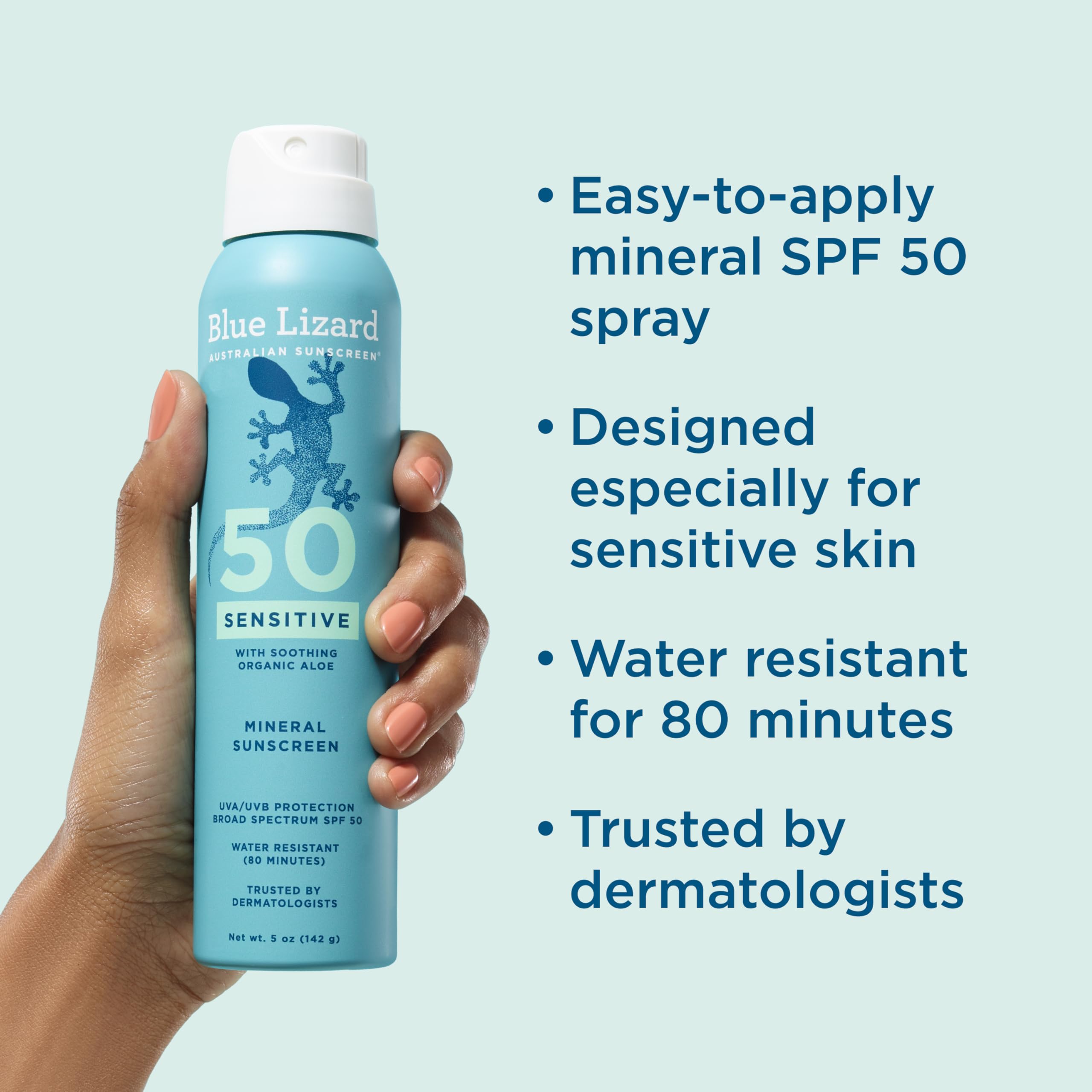 Blue Lizard Sensitive SPF 50 Spray, protección mineral con óxido de zinc.