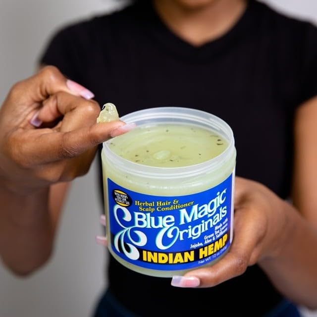 Blue Magic aplicación sobre cabello para suavidad y brillo.