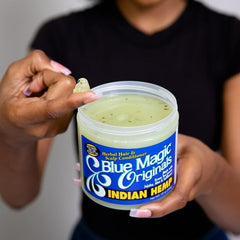 Blue Magic aplicación sobre cabello para suavidad y brillo.