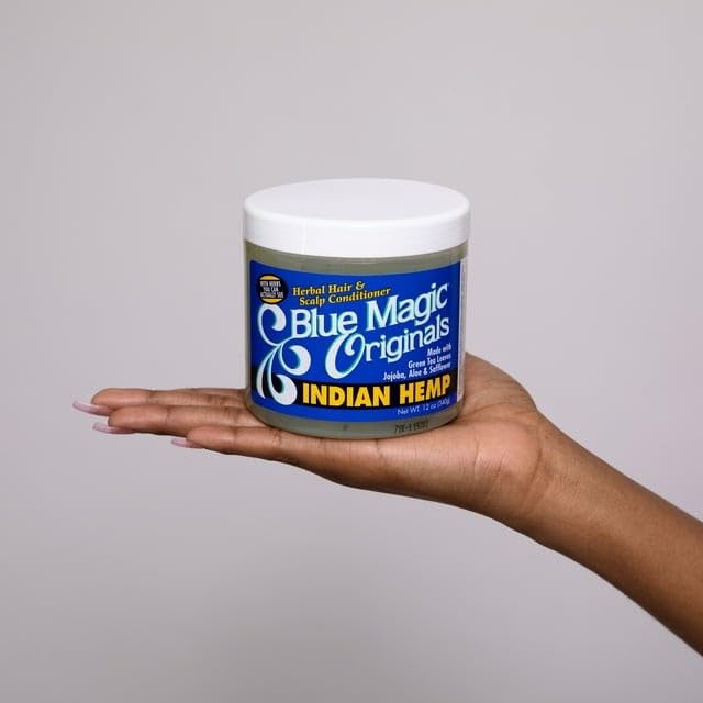 Blue Magic etiqueta del producto con información de origen y uso diario.