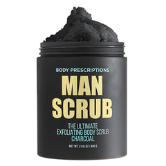 Body Prescriptions exfoliante corporal para hombre en bote con tapa giratoria, uso cómodo en la ducha.