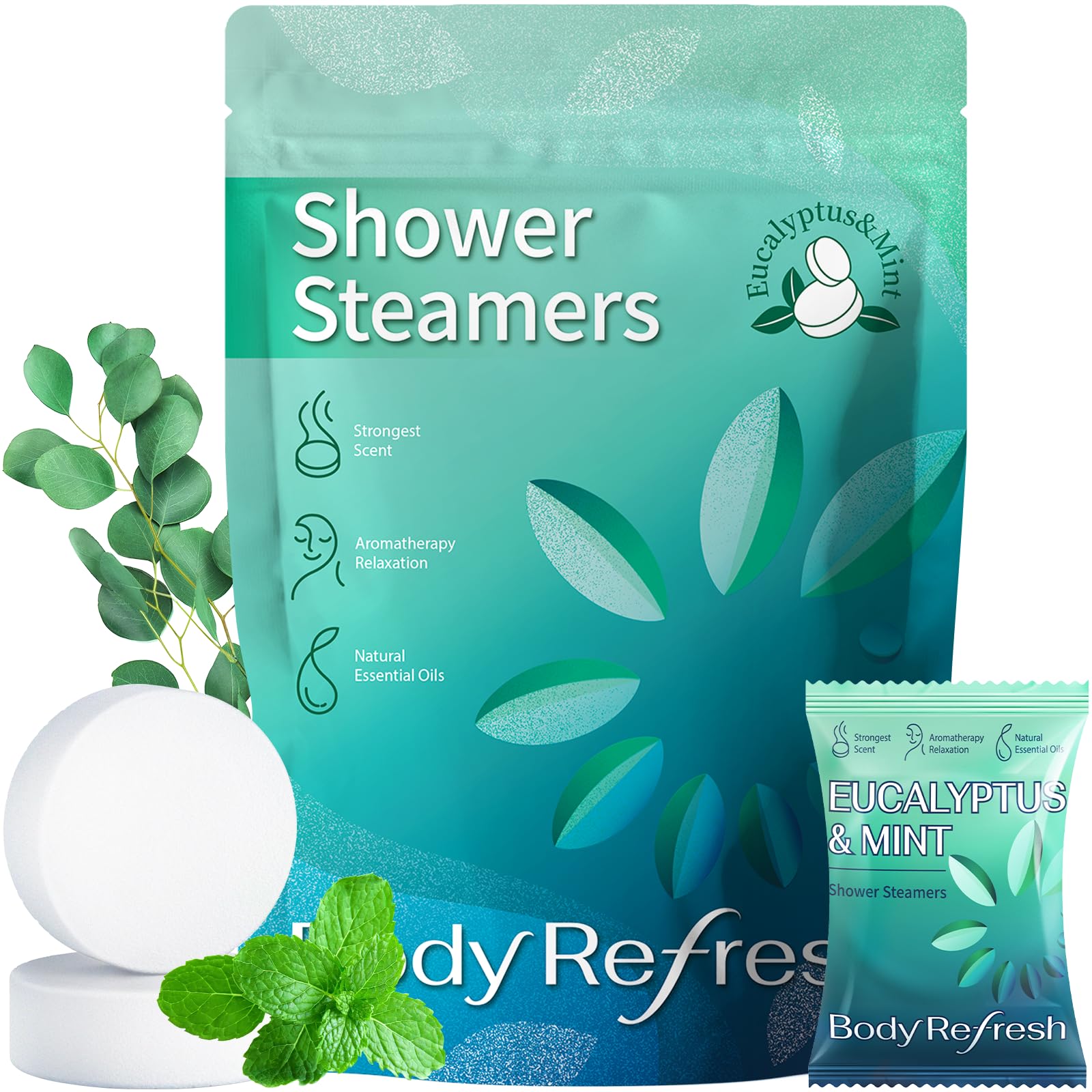 BodyRefresh bombas ducha eucalipto menta en empaque individual, aroma duradero para duchas.