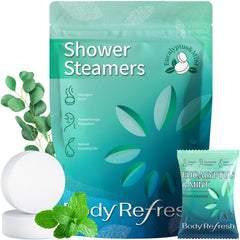 BodyRefresh bombas ducha eucalipto menta en empaque individual, aroma duradero para duchas.