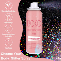 Boko purpurina para ropa plateada, spray brillo para atuendos festivos.
