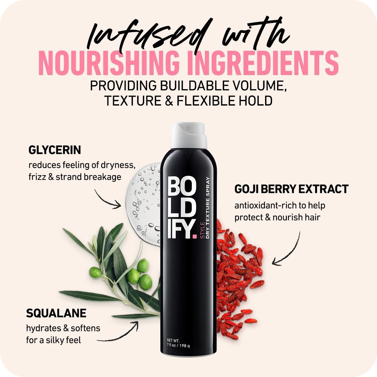 Boldify Dry Texture Spray acabado mate para un look deshecho y moderno.