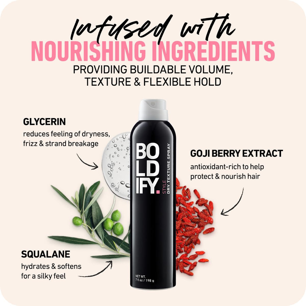 Boldify Dry Texture Spray acabado mate para un look deshecho y moderno.