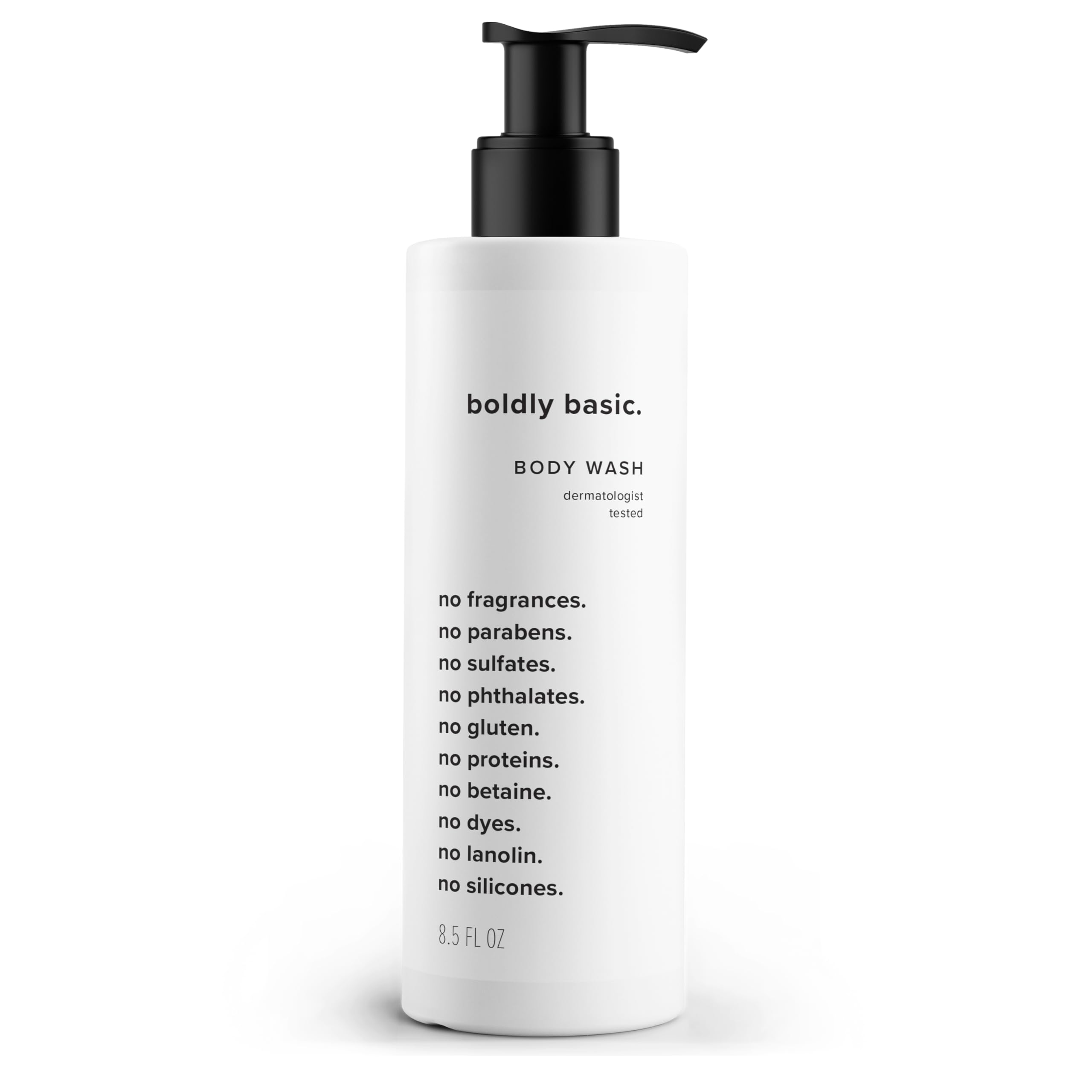 Boldly Basic gel de ducha libre de fragancia, vertido suave desde la botella para piel sensible.