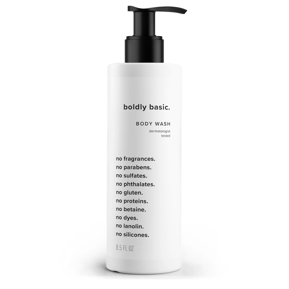 Boldly Basic gel de ducha libre de fragancia, vertido suave desde la botella para piel sensible.