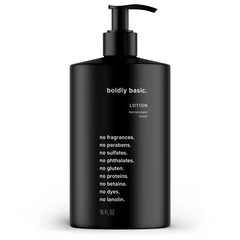 Boldly Basic Loción sin fragancia: botella, hidratación suave para piel sensible.