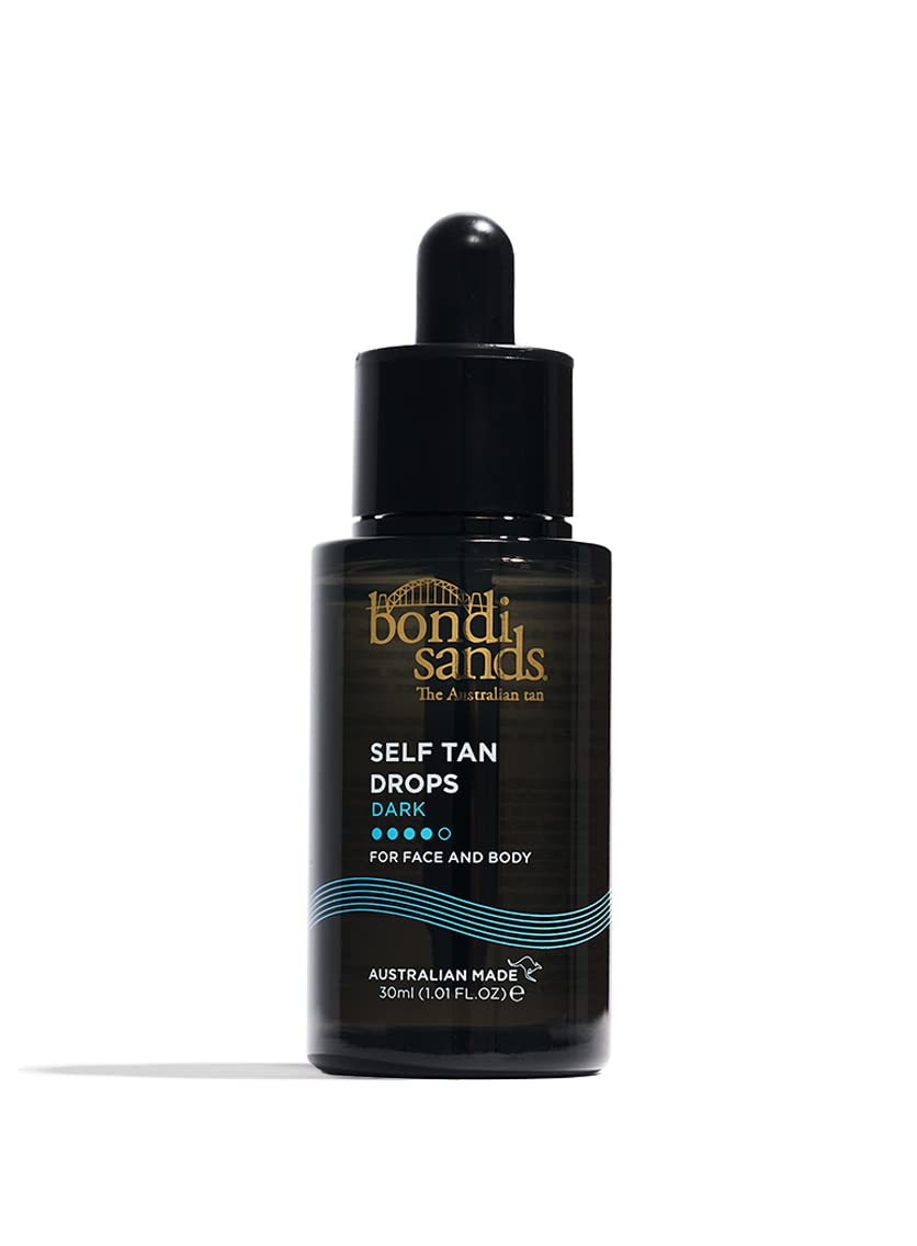 Bondi Sands Gotas Bronceado Oscuro sobre botella, ideal para bronceado gradual y personalizado.